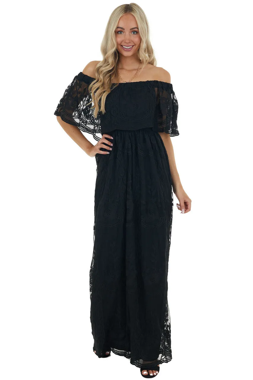 Black Off Shoulder Floral Lace Overlay Maxi Dress sold by Lime Lush product image thumbnail 2