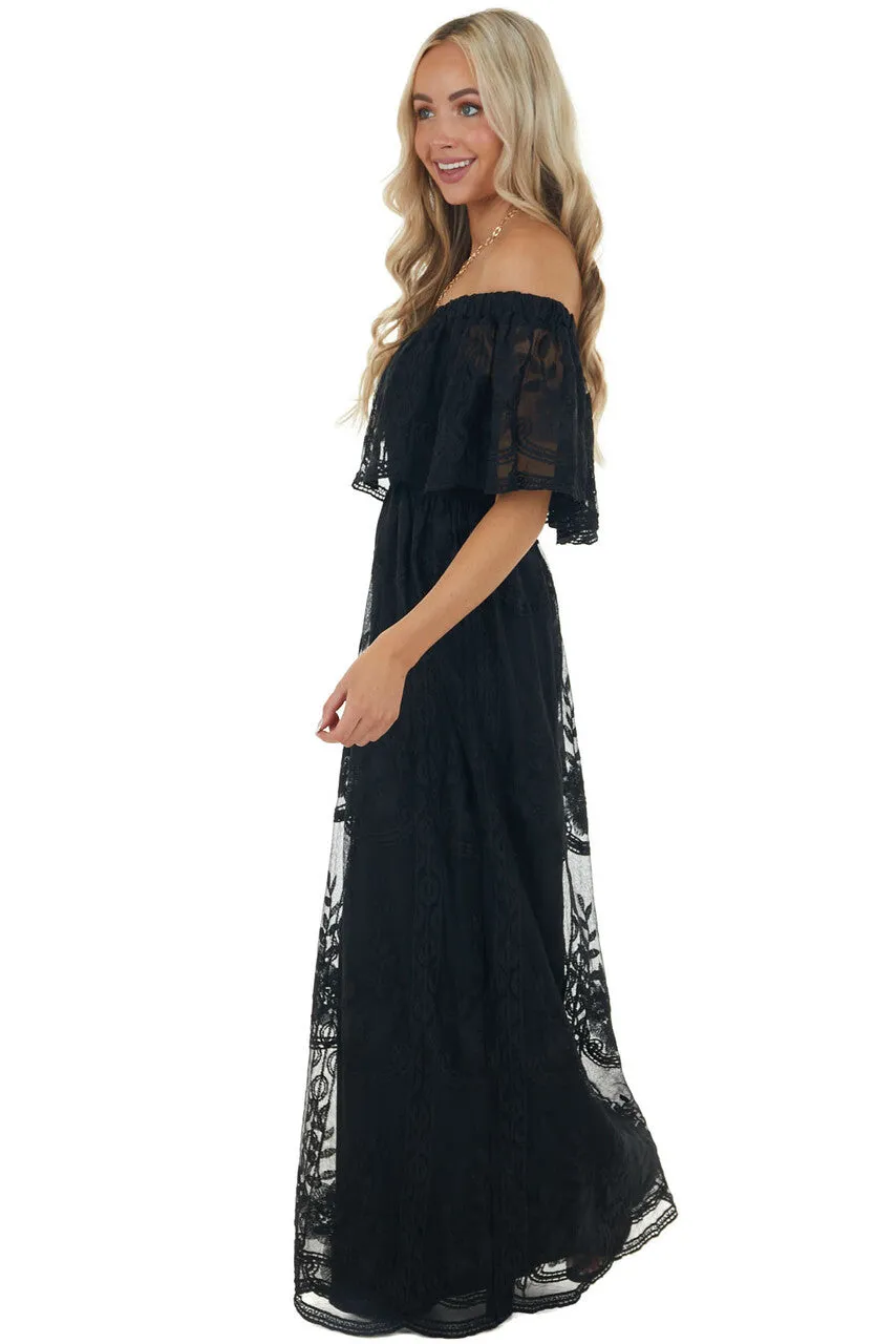 Black Off Shoulder Floral Lace Overlay Maxi Dress sold by Lime Lush product image thumbnail 5