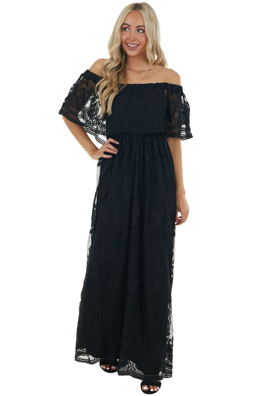 Black Off Shoulder Floral Lace Overlay Maxi Dress sold by Lime Lush
