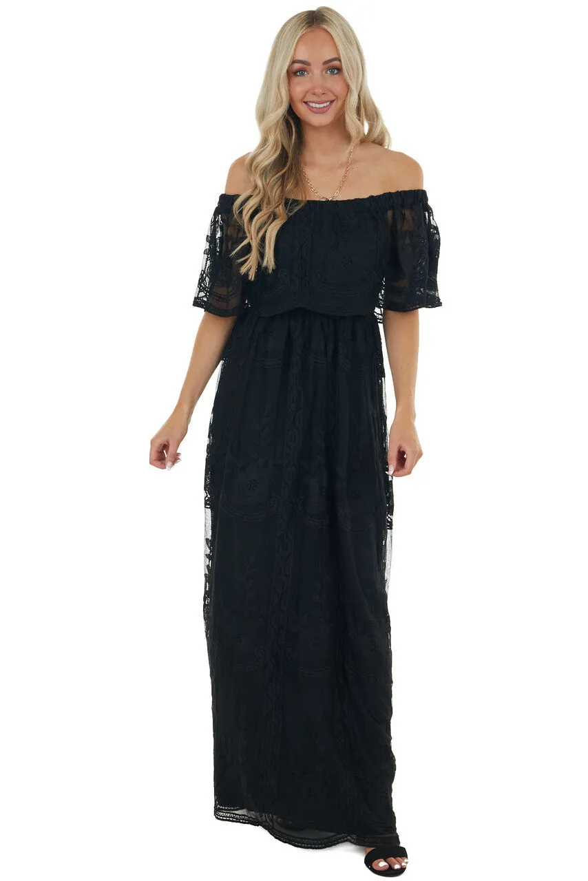 Black Off Shoulder Floral Lace Overlay Maxi Dress sold by Lime Lush product image thumbnail 4