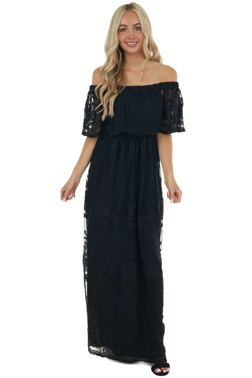 Black Off Shoulder Floral Lace Overlay Maxi Dress sold by Lime Lush product image thumbnail 3