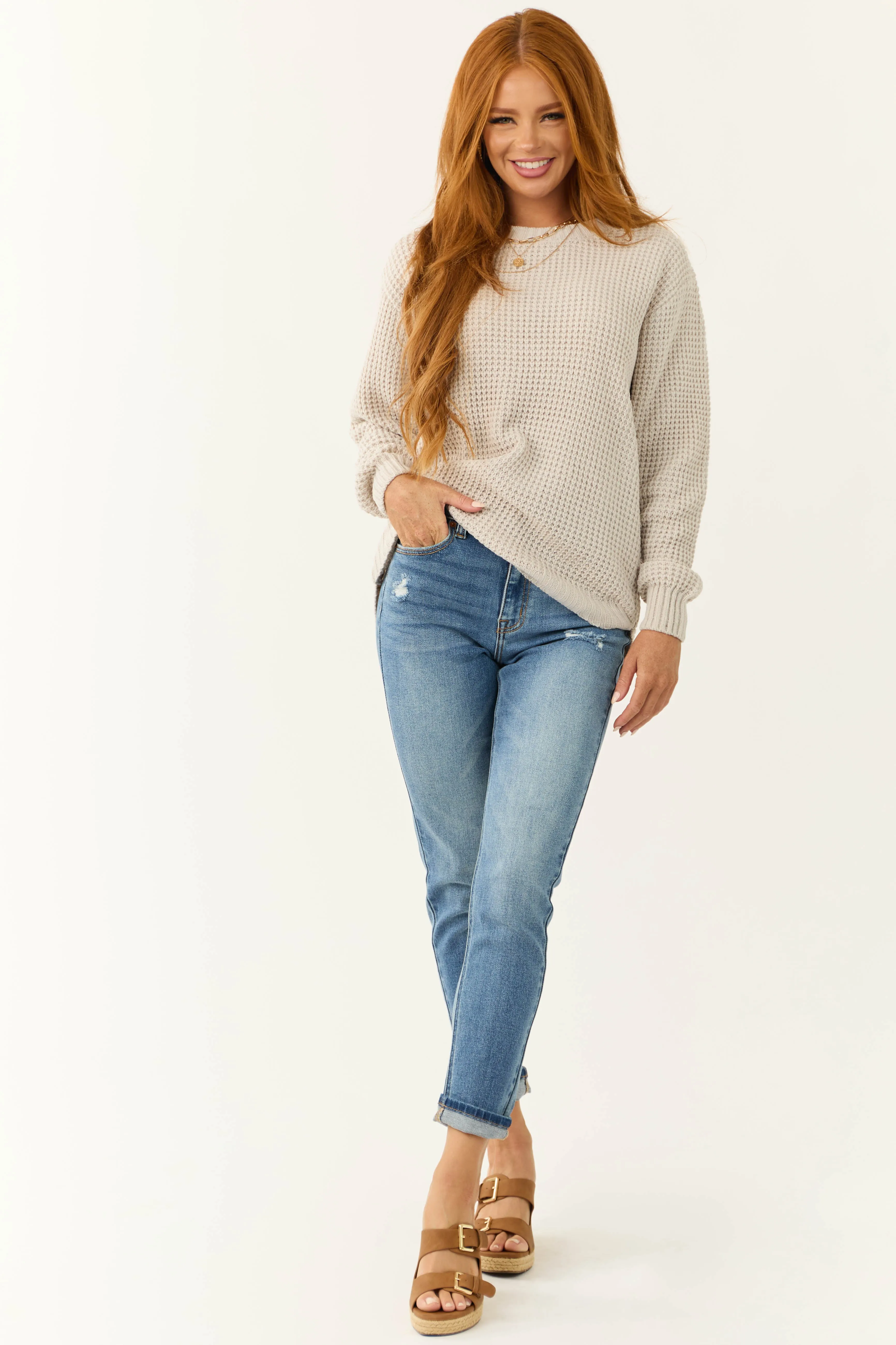 Cloud Grey Thick Waffle Knit Curved Hem Sweater sold by Lime Lush product image thumbnail 3