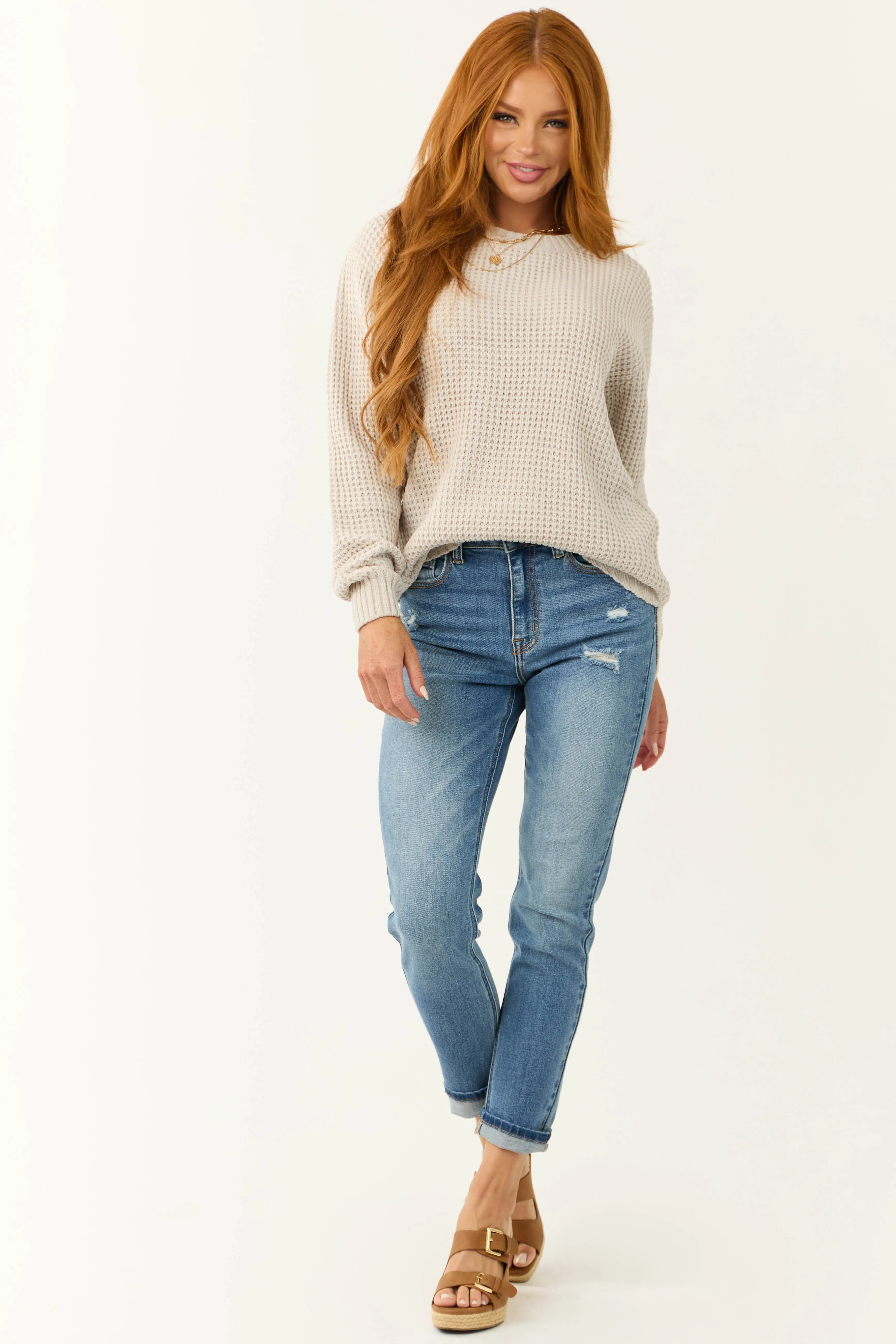 Cloud Grey Thick Waffle Knit Curved Hem Sweater sold by Lime Lush product image thumbnail 4
