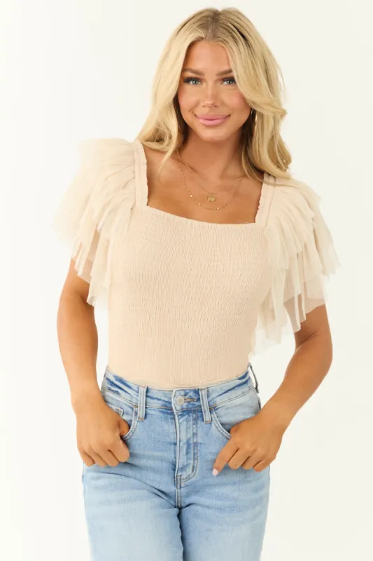 Champagne Tulle Ruffle Sleeve Bodysuit sold by Lime Lush