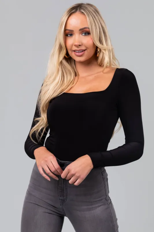 Black Square Neck Long Sleeve Solid Bodysuit sold by Lime Lush