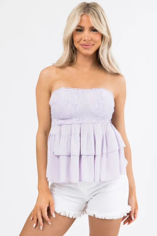 Periwinkle Strapless Lace Detail Ruffle Top sold by Lime Lush