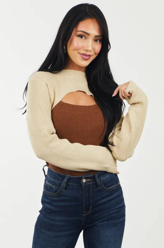 Sepia and Camel Colorblock Front Cut Out Sweater sold by Lime Lush