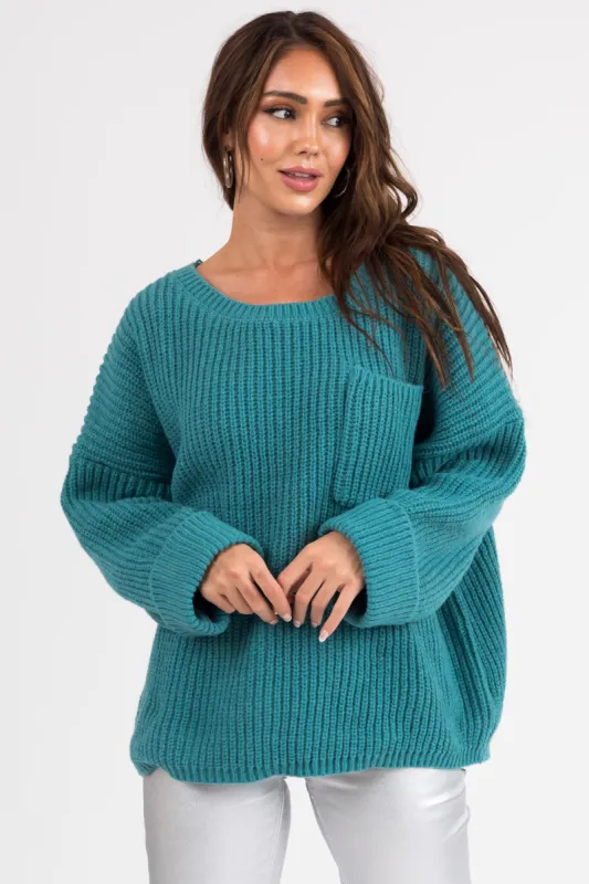 Teal Oversized Chest Pocket Cozy Sweater sold by Lime Lush