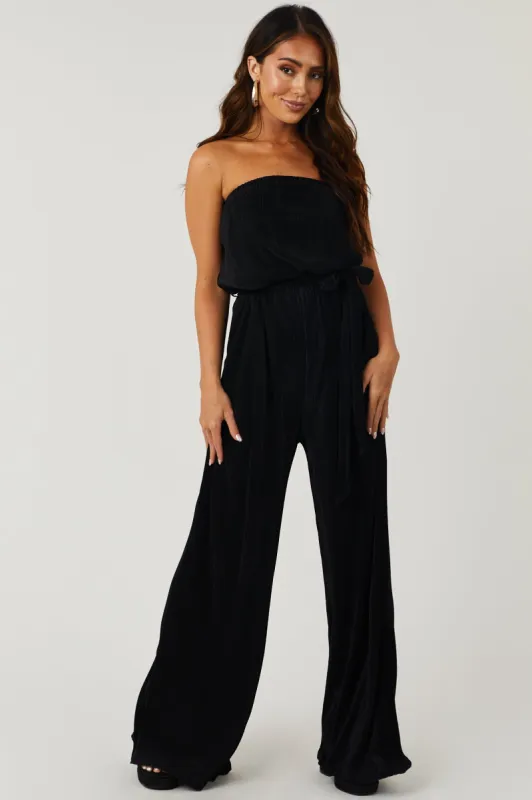 She+Sky Black Strapless Wide Leg Plisse Jumpsuit sold by Lime Lush