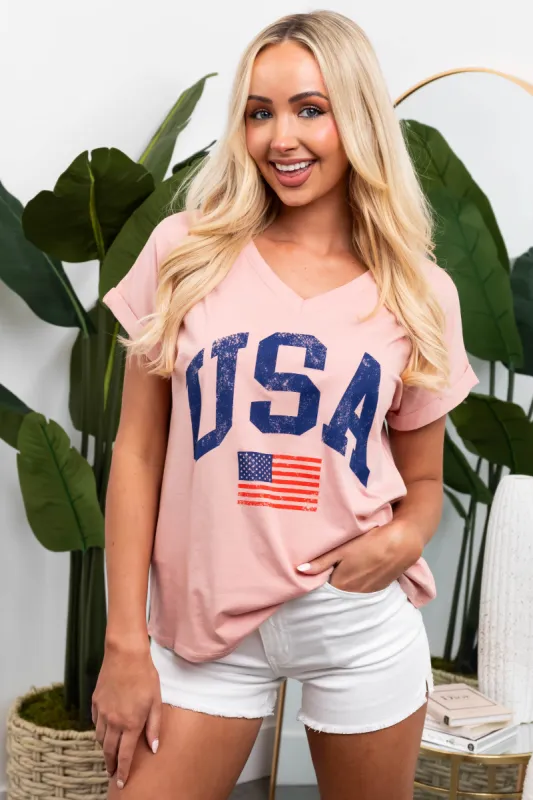 Blush USA Short Cuffed Sleeve V Neck Top sold by Lime Lush
