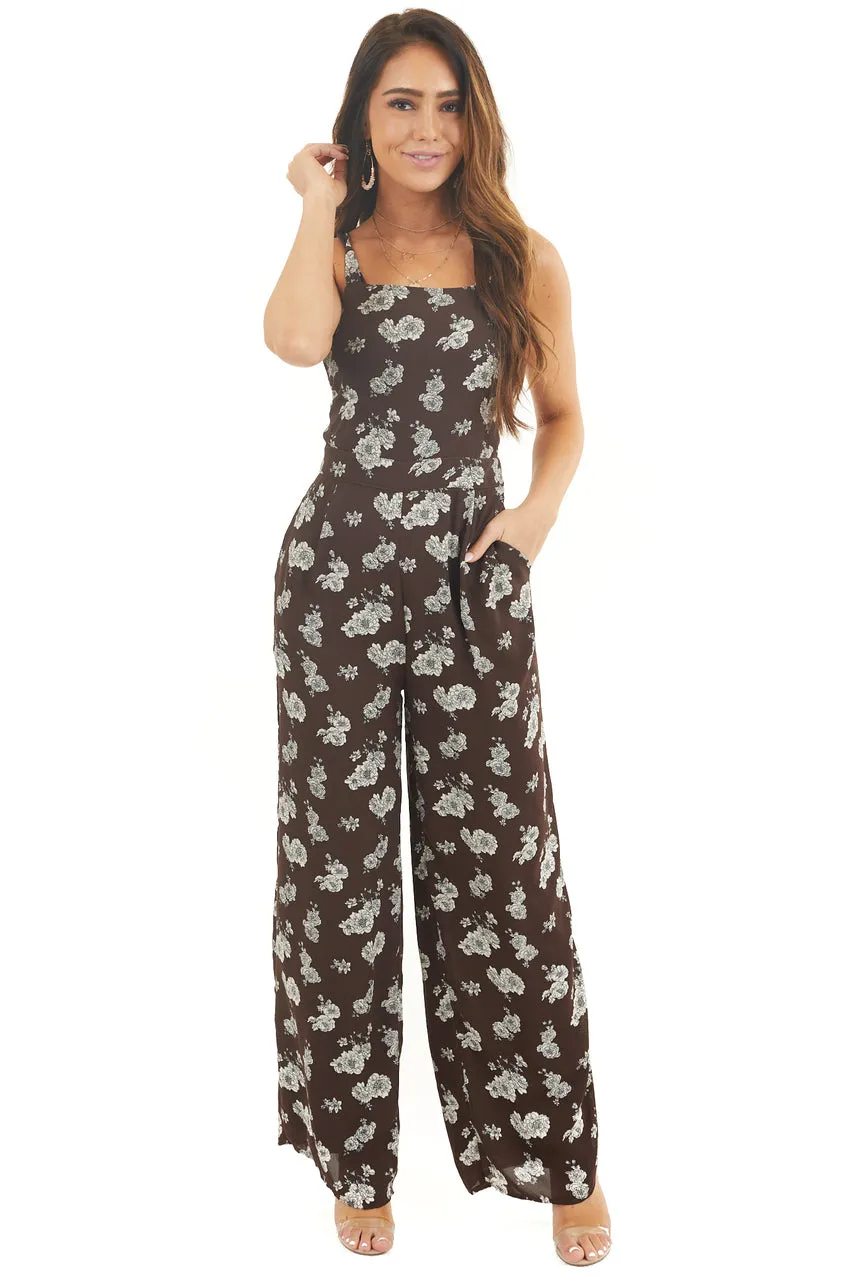 Chocolate Floral Print High Neck Jumpsuit with Side Pockets sold by Lime Lush