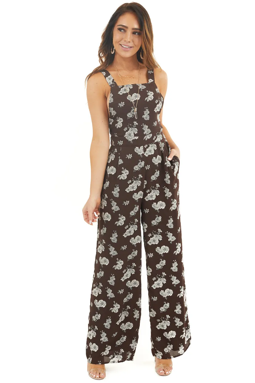Chocolate Floral Print High Neck Jumpsuit with Side Pockets sold by Lime Lush product image thumbnail 2