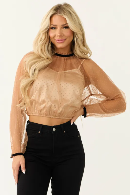 Cognac Polka Dot Textured Long Sleeve Mesh Top sold by Lime Lush