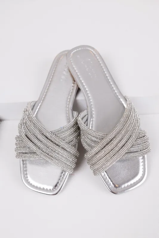 Silver Rhinestone Cross Strap Slide Sandals sold by Lime Lush