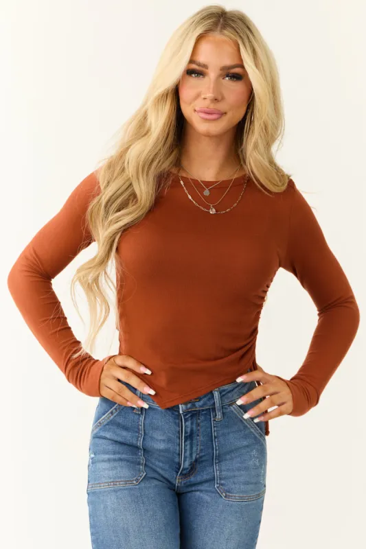 Rust Ruched Side Long Sleeve Soft Knit Top sold by Lime Lush