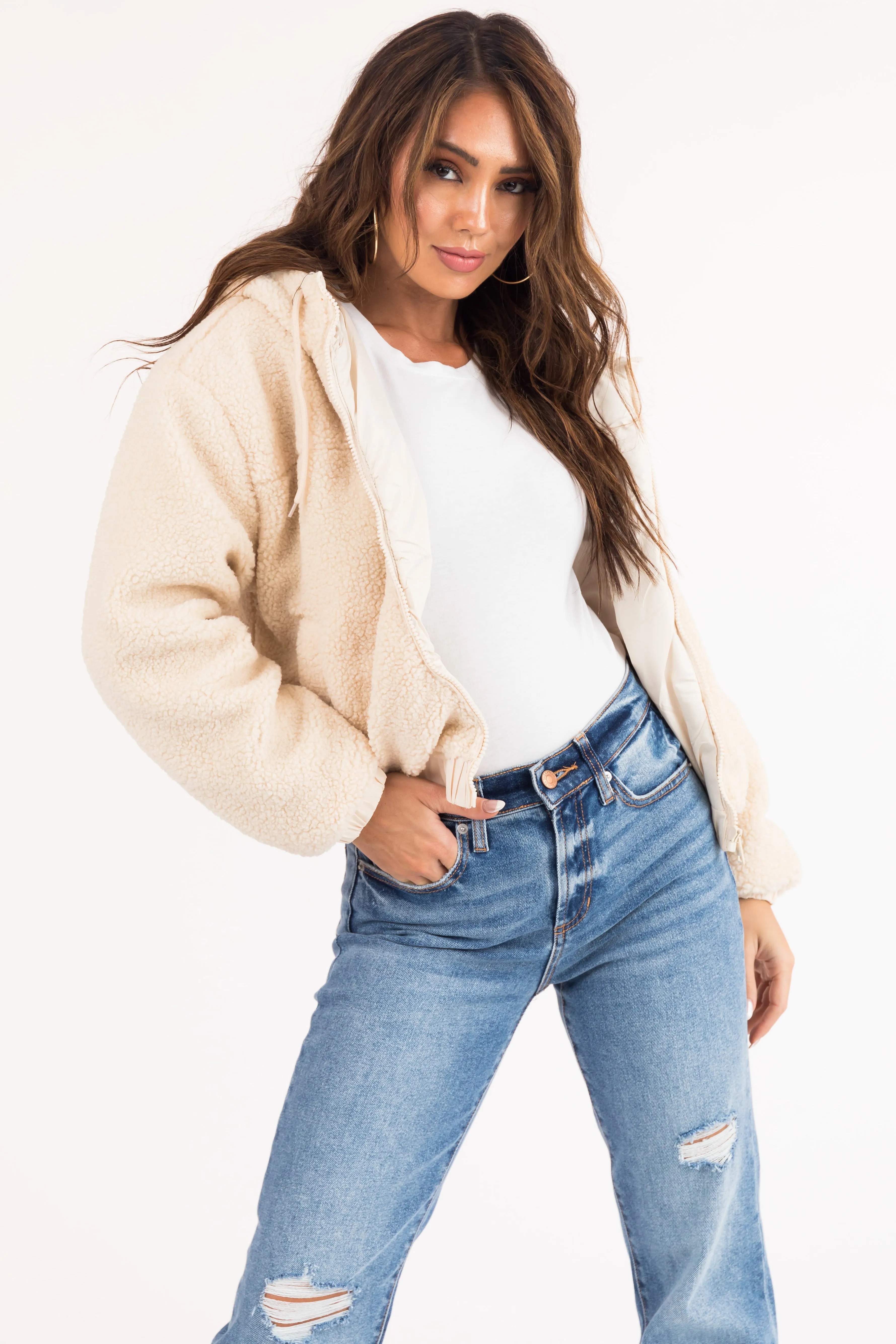 Cream Sherpa Zipper Hooded Jacket sold by Lime Lush product image thumbnail 2