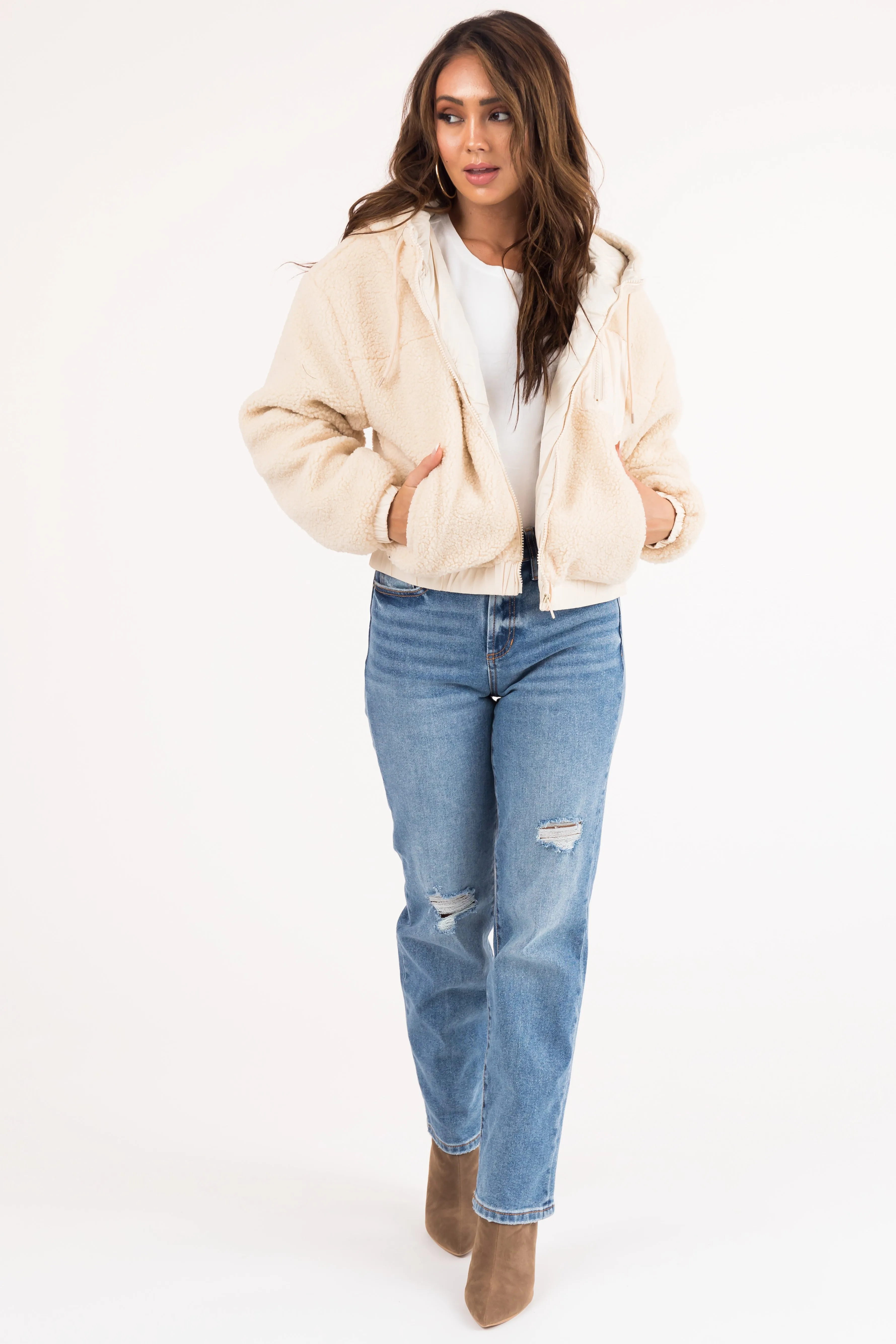 Cream Sherpa Zipper Hooded Jacket sold by Lime Lush product image thumbnail 3