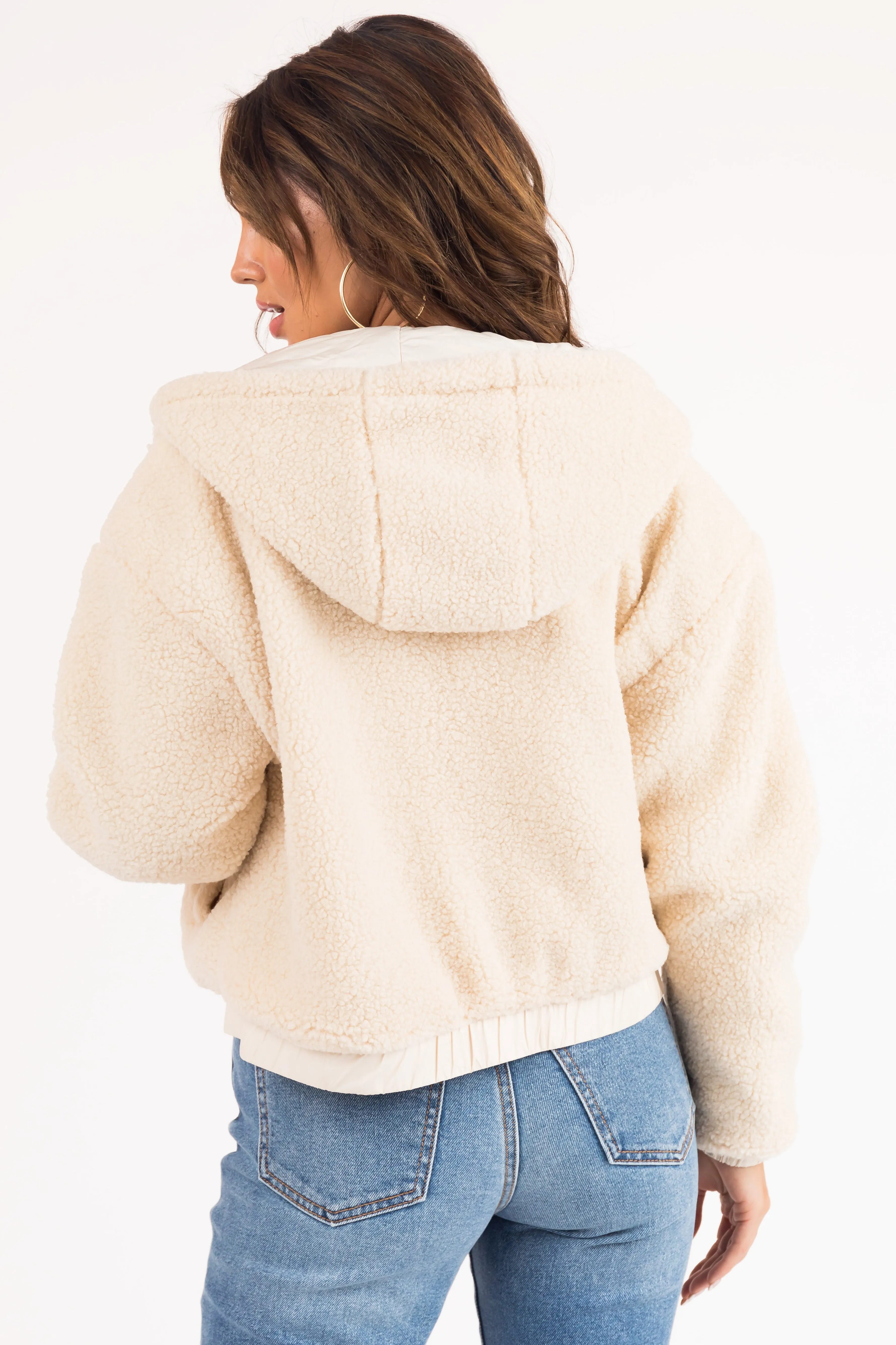 Cream Sherpa Zipper Hooded Jacket sold by Lime Lush product image thumbnail 5