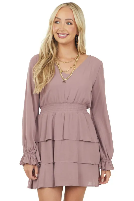 Mauve Long Sleeve Tiered Mini Dress with Open Back sold by Lime Lush