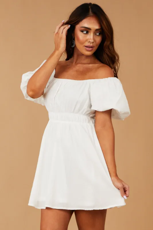 White Off the Shoulder Puff Sleeve Mini Dress sold by Lime Lush