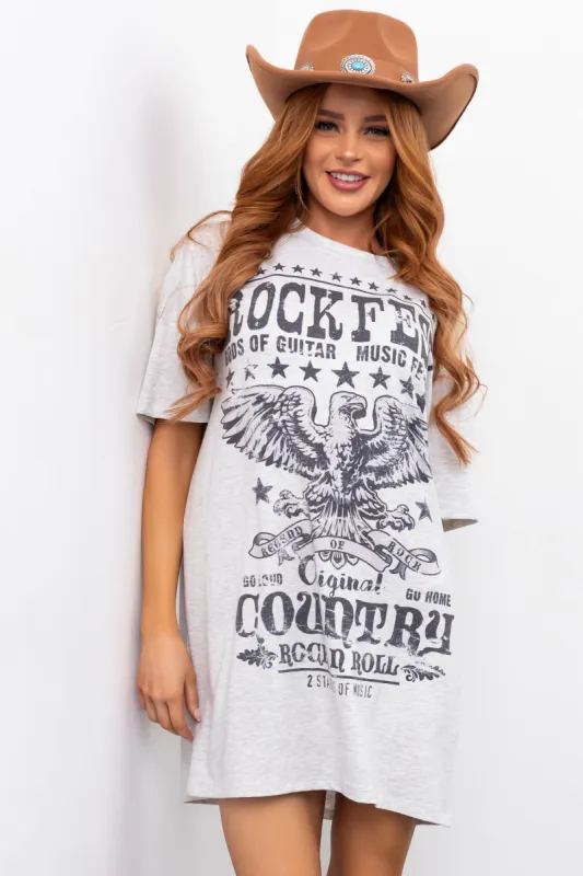 Cloud Grey 'Rockfest' Graphic Soft Mini Dress sold by Lime Lush