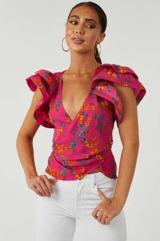 Magenta Leaf Print Wrap Style Blouse sold by Lime Lush