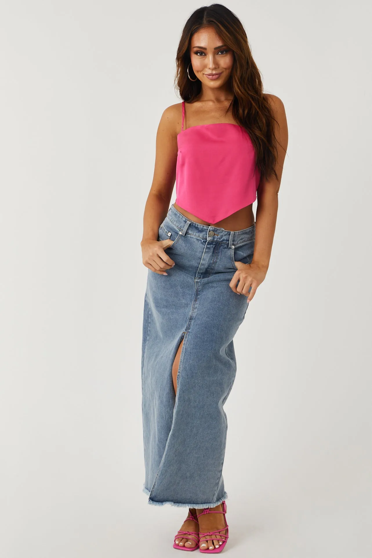 Hot Pink Satin Cropped Handkerchief Style Cami sold by Lime Lush product image thumbnail 3