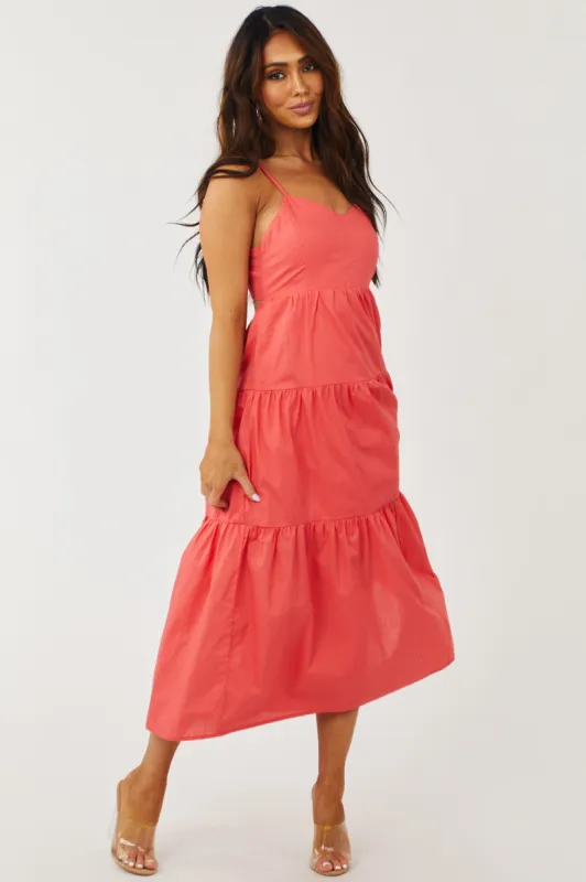 Coral Sleeveless V Neck Tiered Woven Midi Dress made by HYFVE