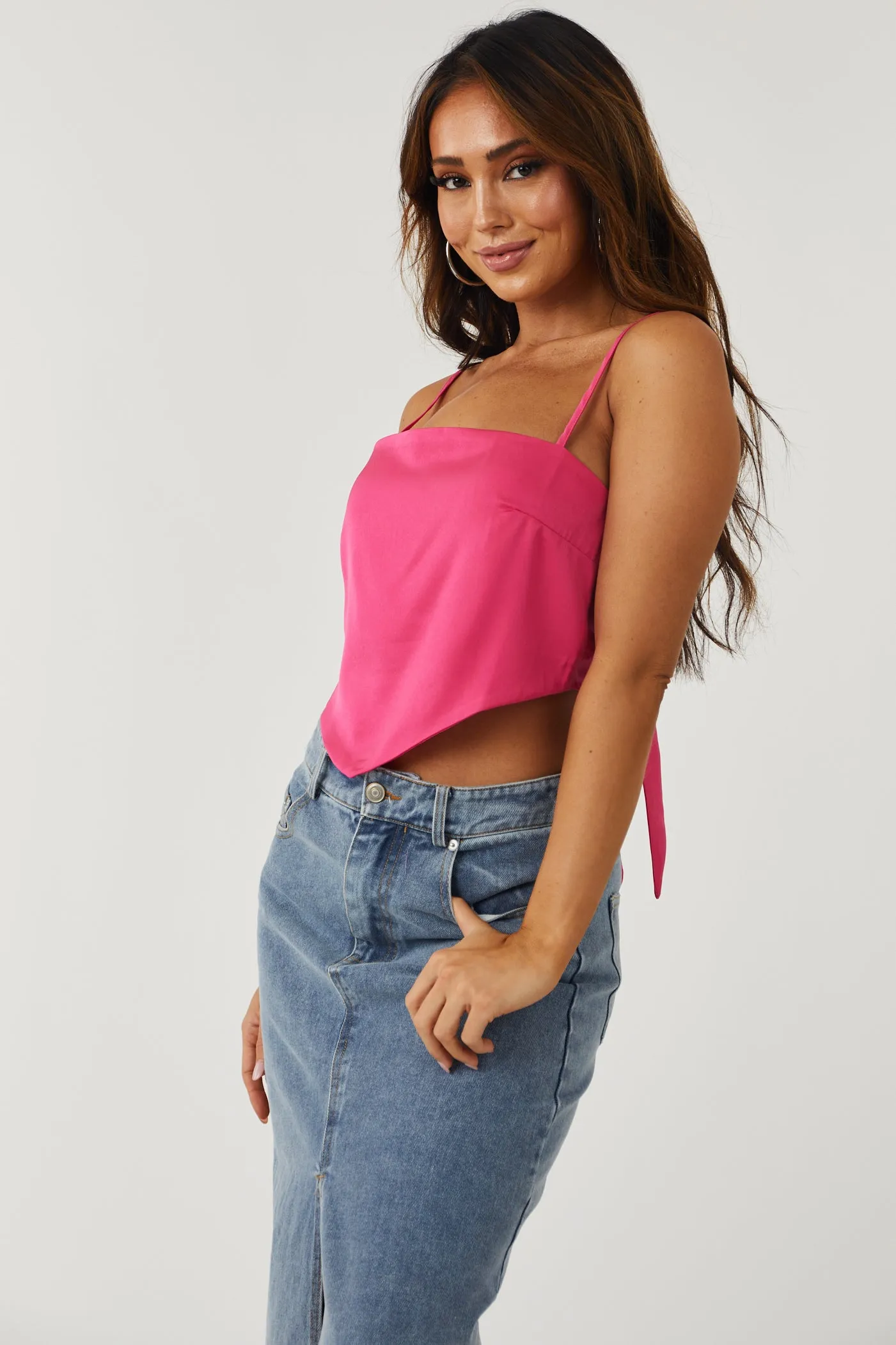 Hot Pink Satin Cropped Handkerchief Style Cami sold by Lime Lush product image thumbnail 2