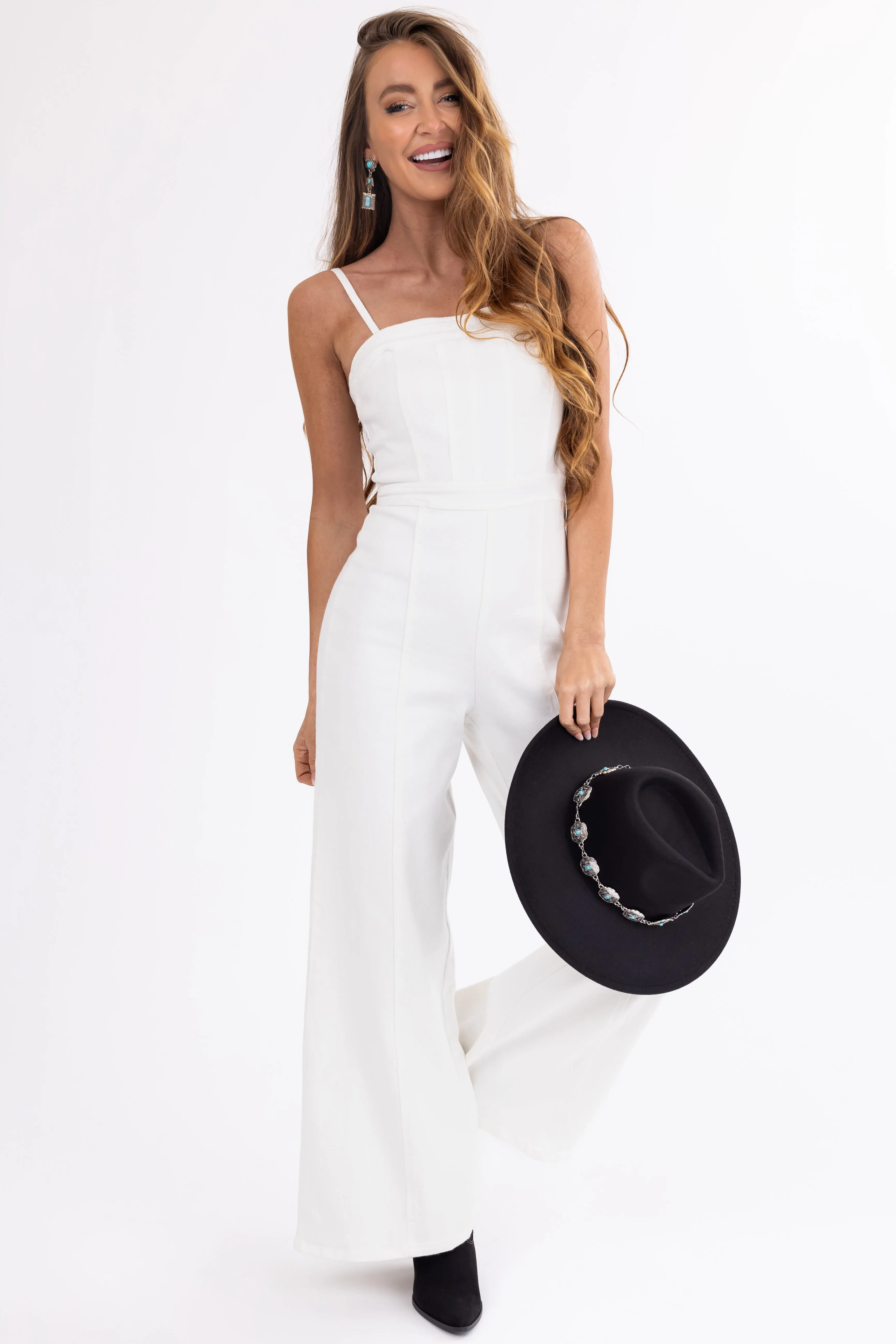 Flying Tomato Off White Sleeveless Denim Jumpsuit sold by Lime Lush