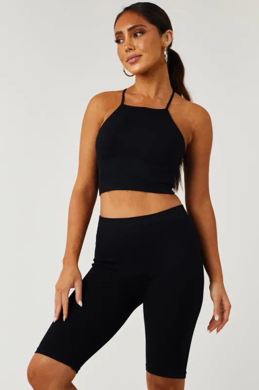 Black Halter Cropped Top and Biker Shorts Set sold by Lime Lush
