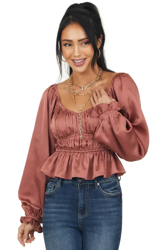 Marsala Satin Peasant Sleeve Peplum Blouse sold by Lime Lush