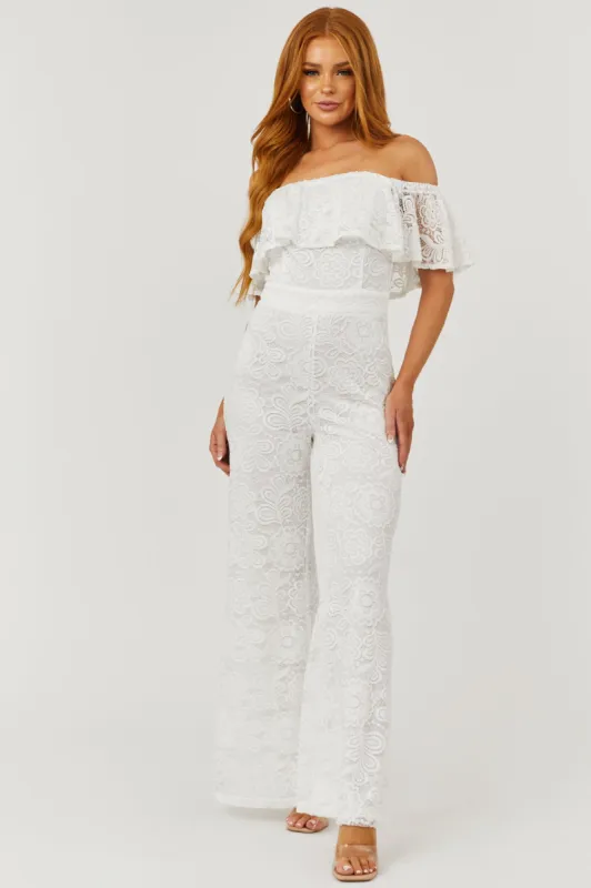 Flying Tomato Ivory Lace Off the Shoulder Wide Leg Jumpsuit sold by Lime Lush