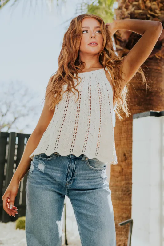 She+Sky Champagne Tie Strap Crochet Tank Top sold by Lime Lush