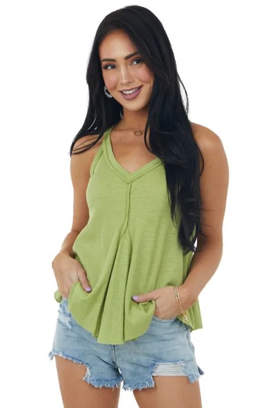 Pistachio V Neck Raw Edge Ribbed Tank Top sold by Lime Lush
