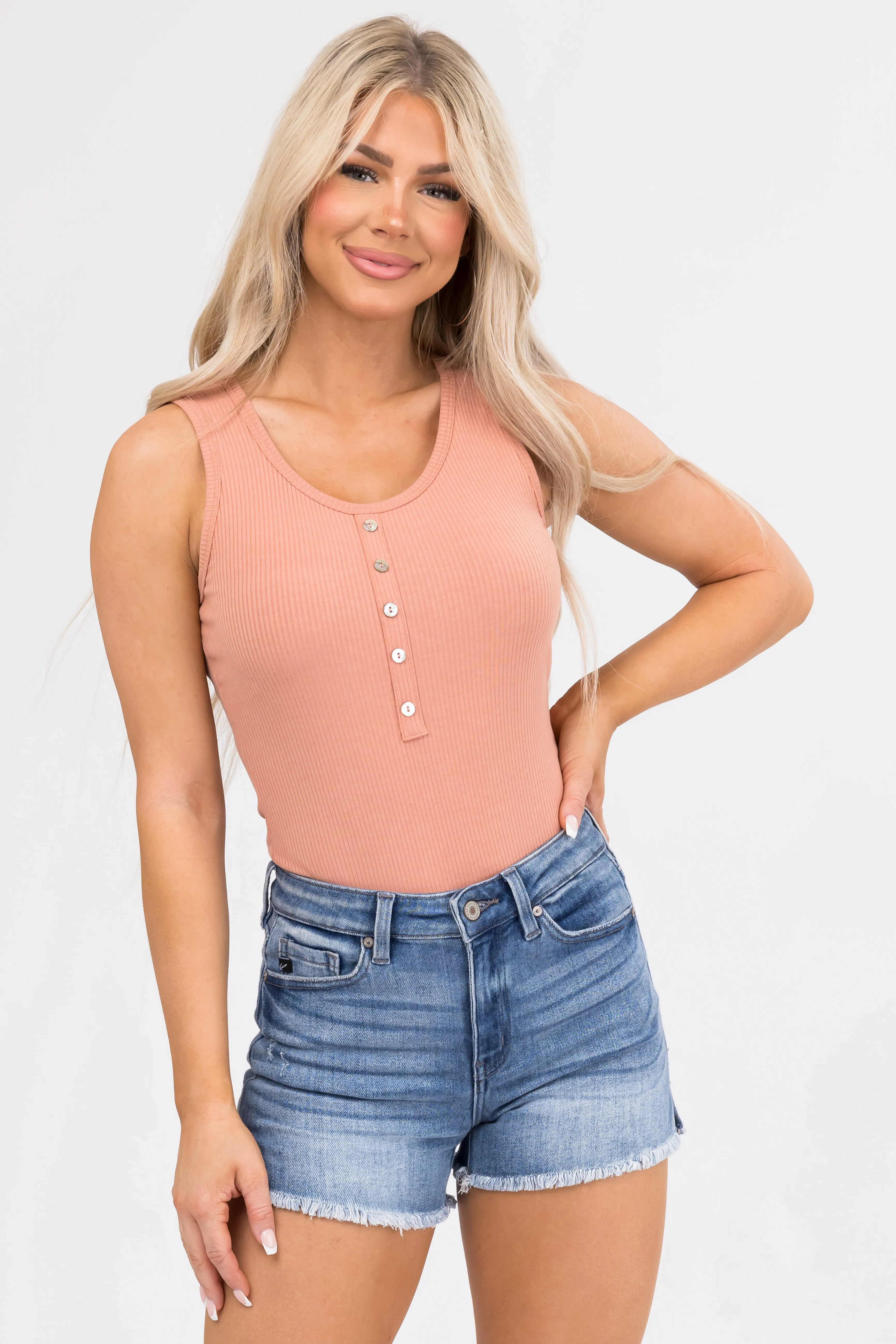 Dusty Peach Sleeveless Ribbed Knit Bodysuit sold by Lime Lush