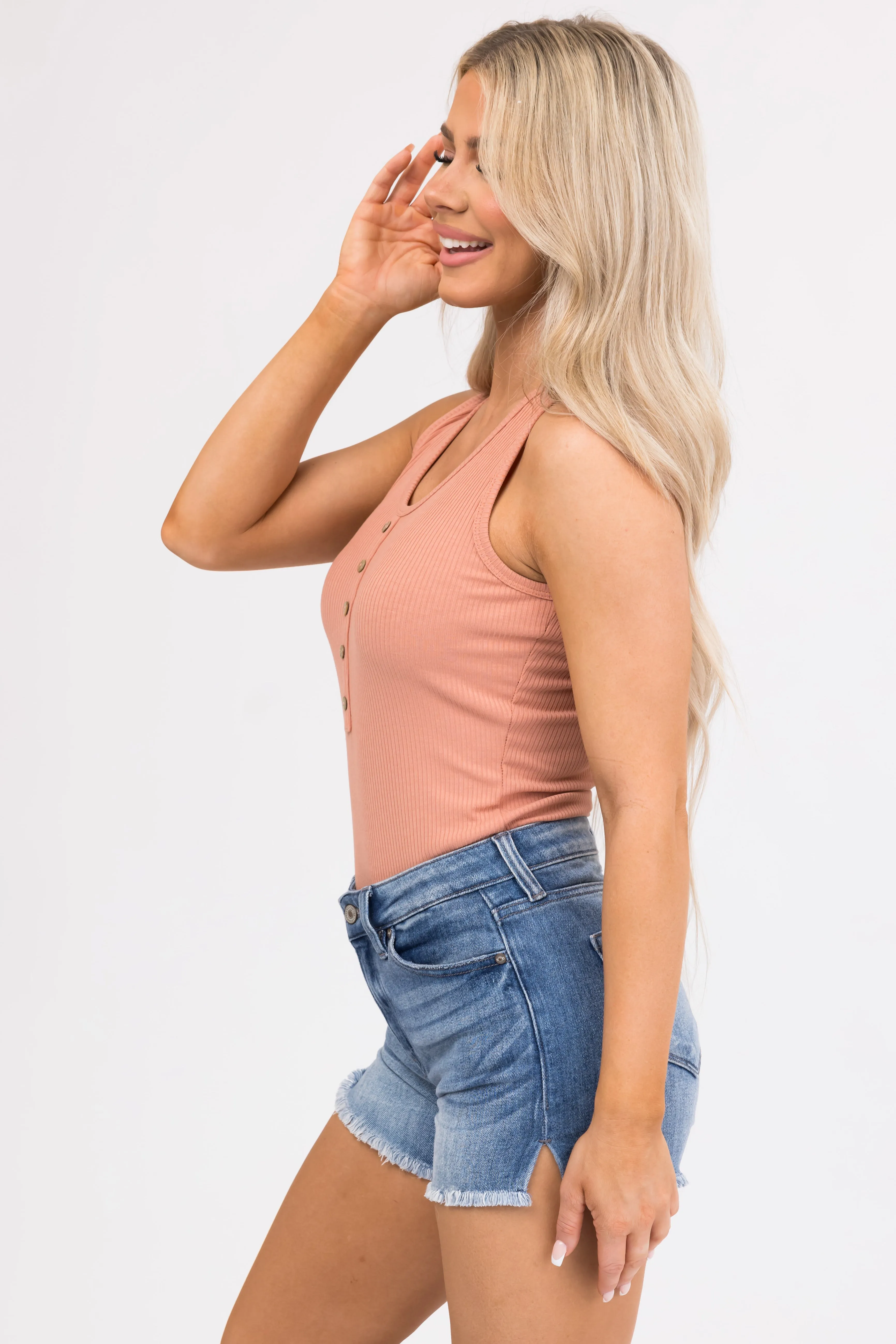 Dusty Peach Sleeveless Ribbed Knit Bodysuit sold by Lime Lush product image thumbnail 2