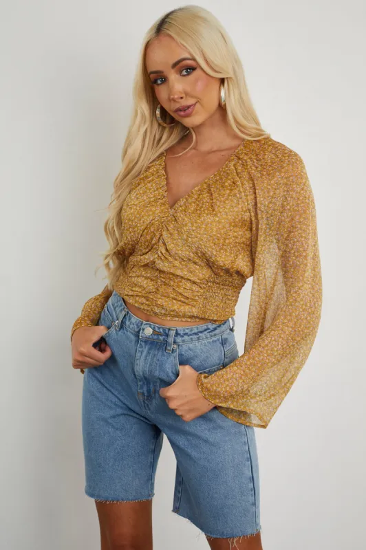 Mustard Tiny Floral Ruched and Smocked Blouse sold by Lime Lush