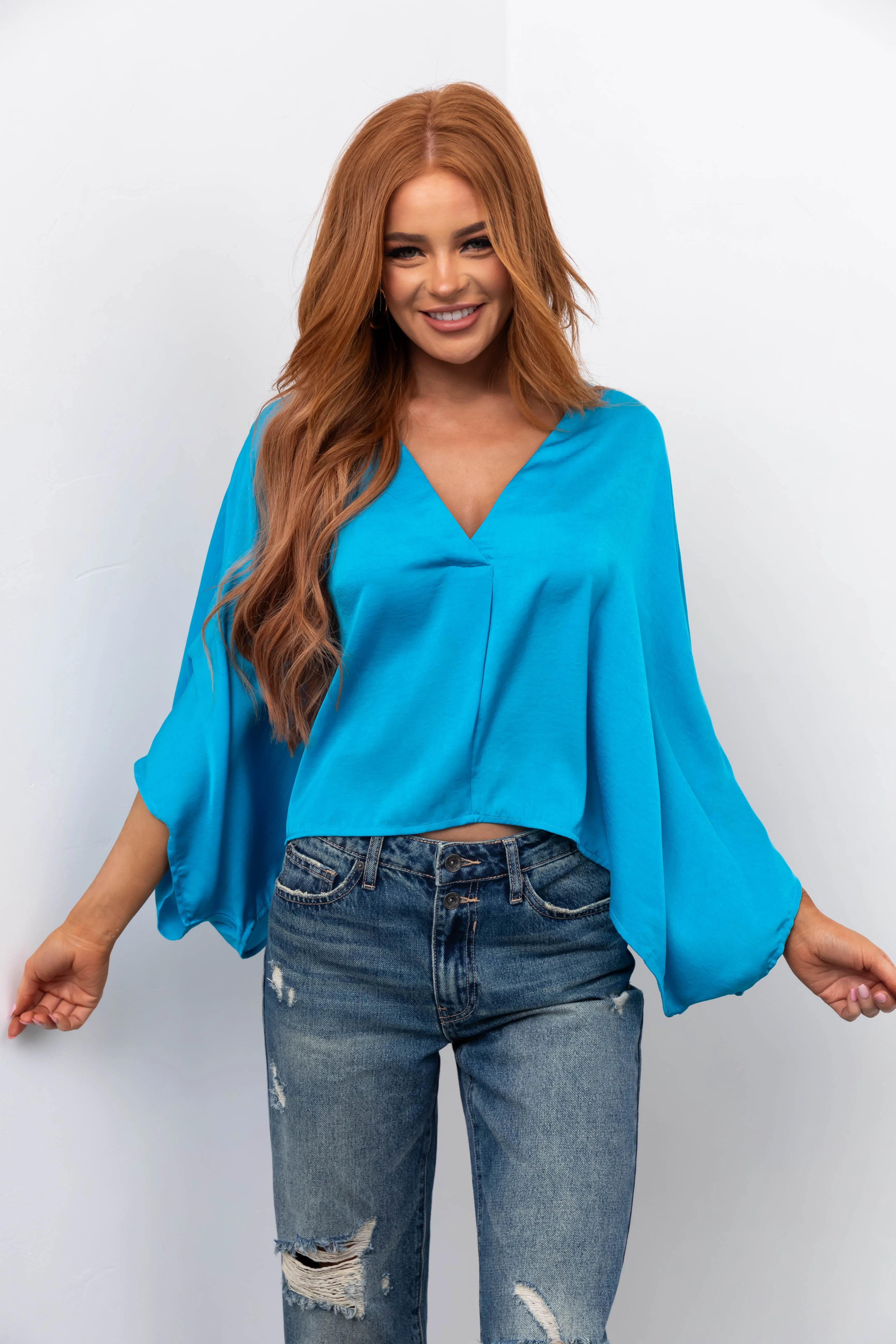Azure Satin Kimono Sleeve V Neck Crop Top sold by Lime Lush product image thumbnail 2