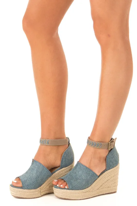 Denim Open Toed Espadrille Wedge with Ankle Strap sold by Lime Lush