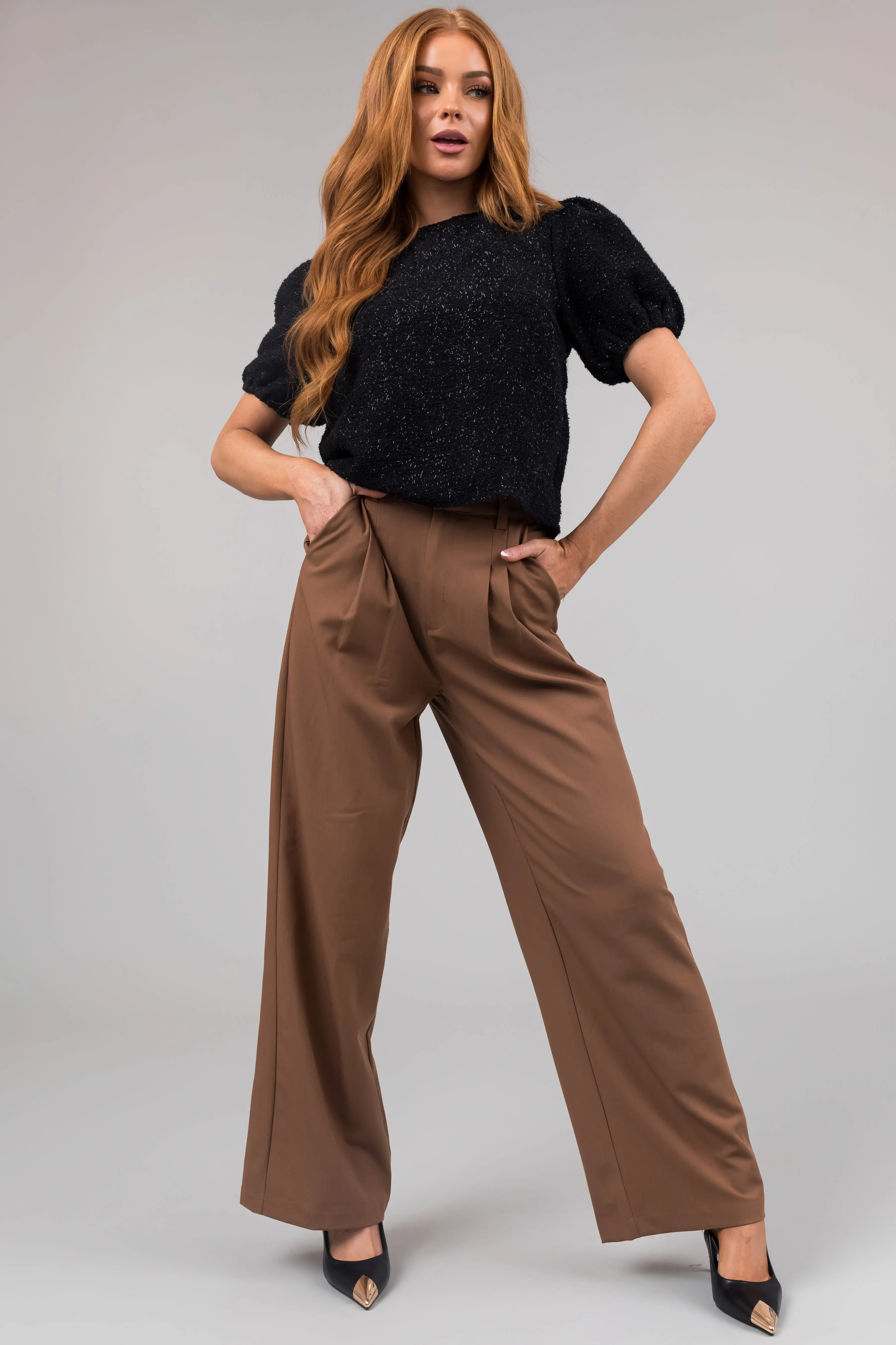 Sepia Pleated High Waisted Wide Leg Pants sold by Lime Lush