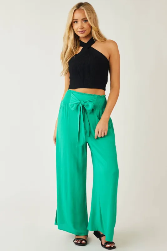 Kelly Green Waist Tie Wide Leg Flowy Pants sold by Lime Lush