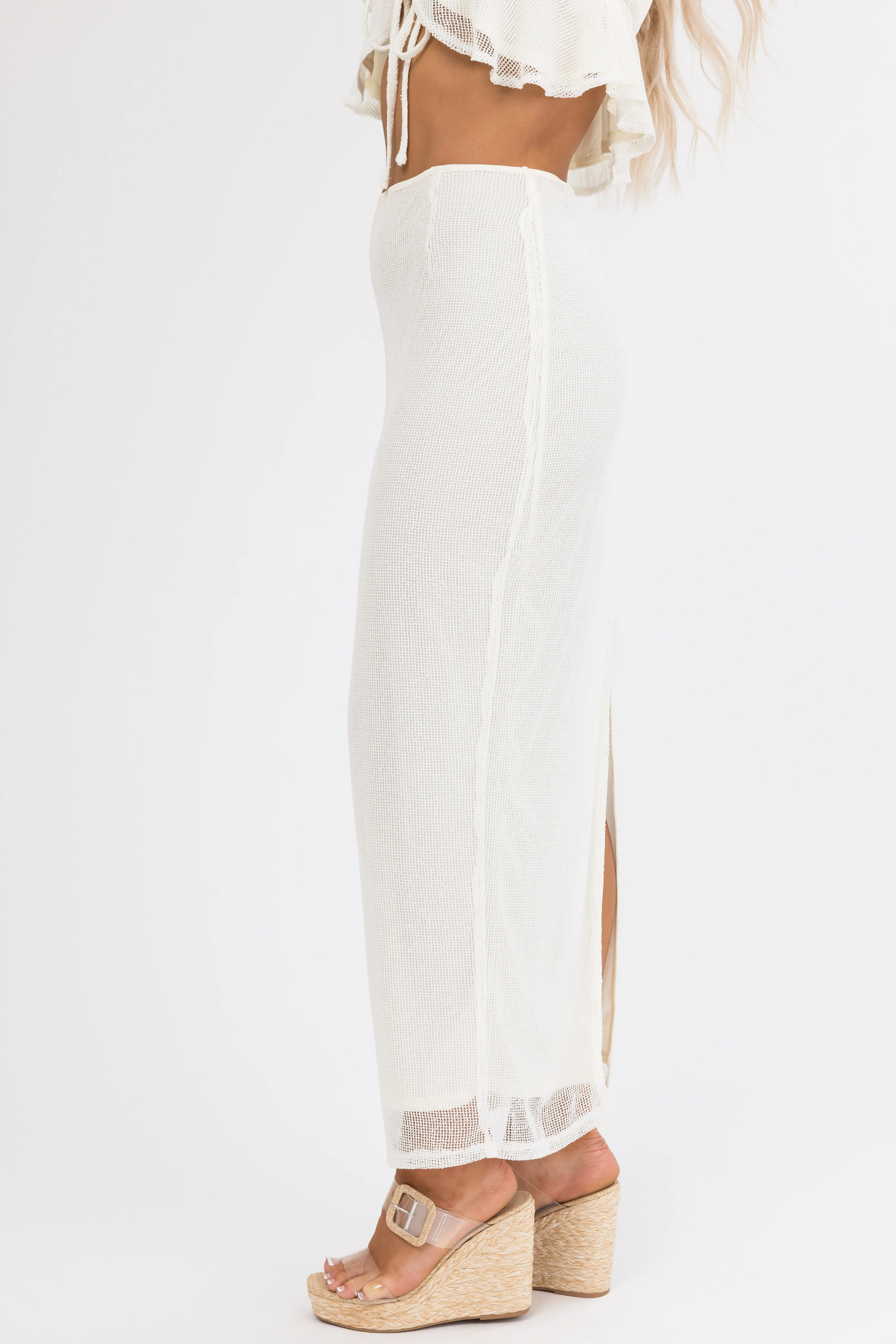 Cream Mesh Maxi Skirt with Back Slit sold by Lime Lush product image thumbnail 3