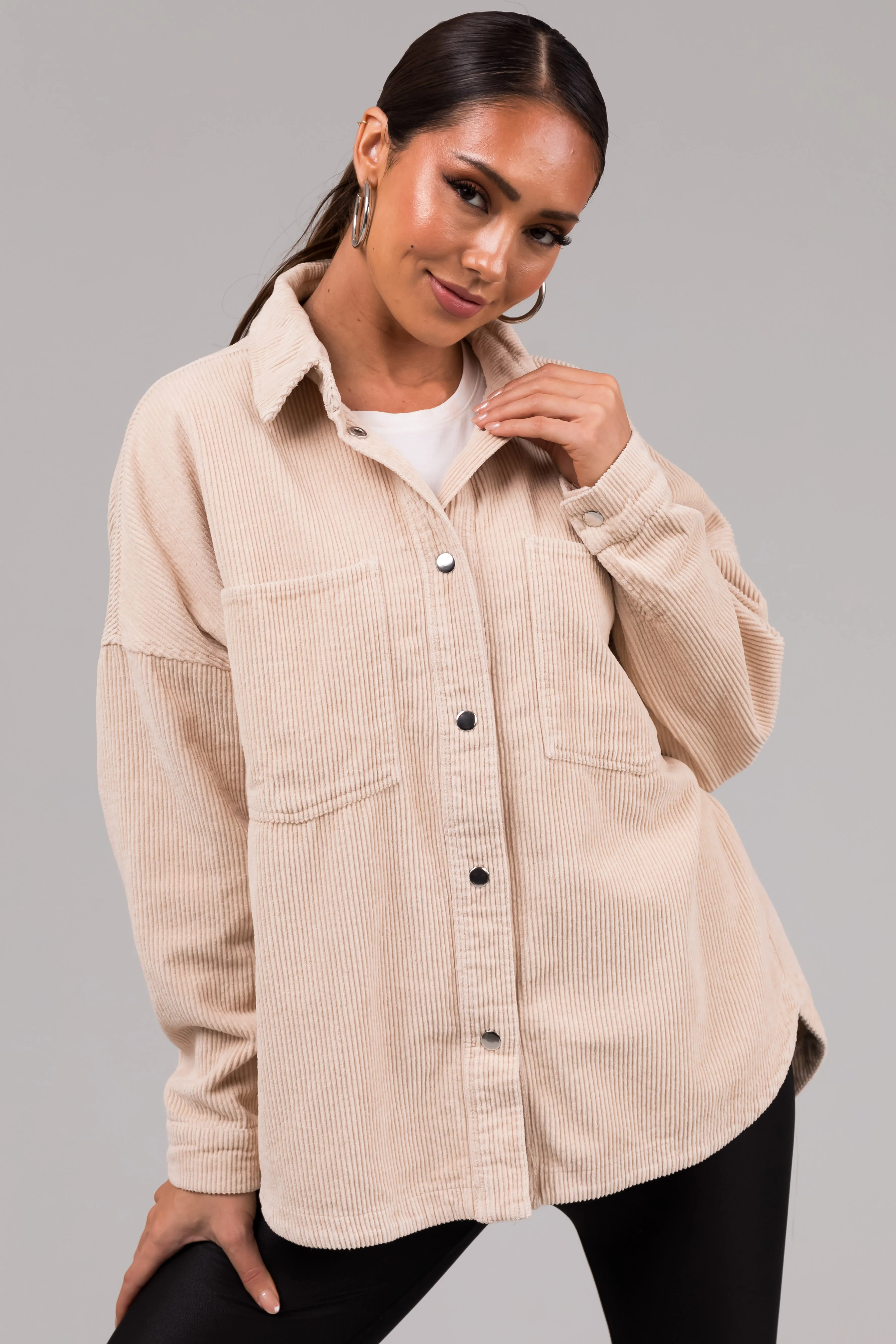 She+Sky Vanilla Snap Button Corduroy Shacket sold by Lime Lush