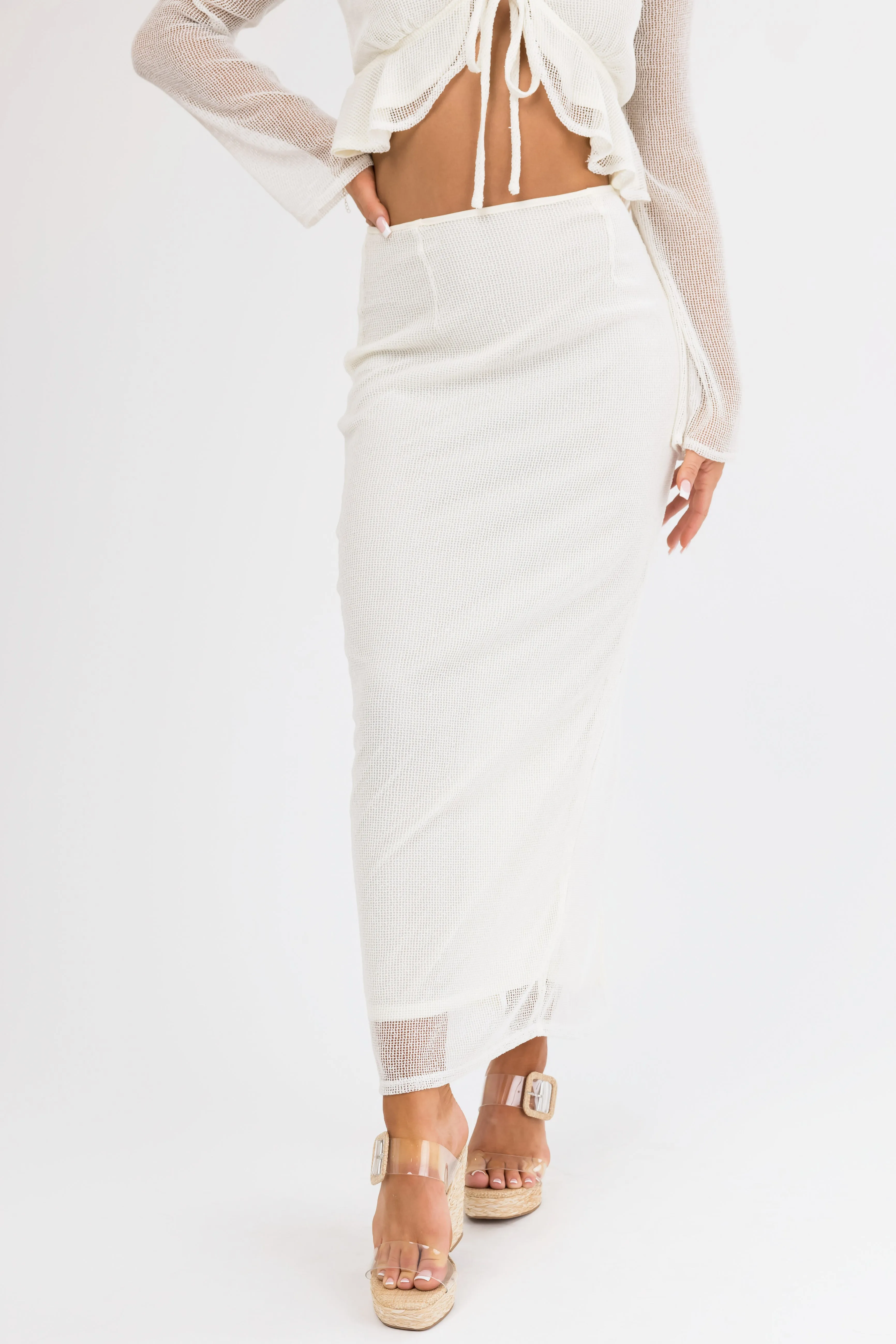 Cream Mesh Maxi Skirt with Back Slit sold by Lime Lush product image thumbnail 2