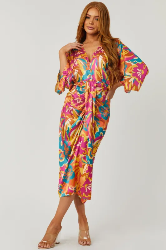 Flying Tomato Magenta and Fire Gathered Front Midi Dress sold by Lime Lush