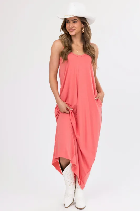 Coral Sleeveless Knit Maxi Dress with Pockets sold by Lime Lush