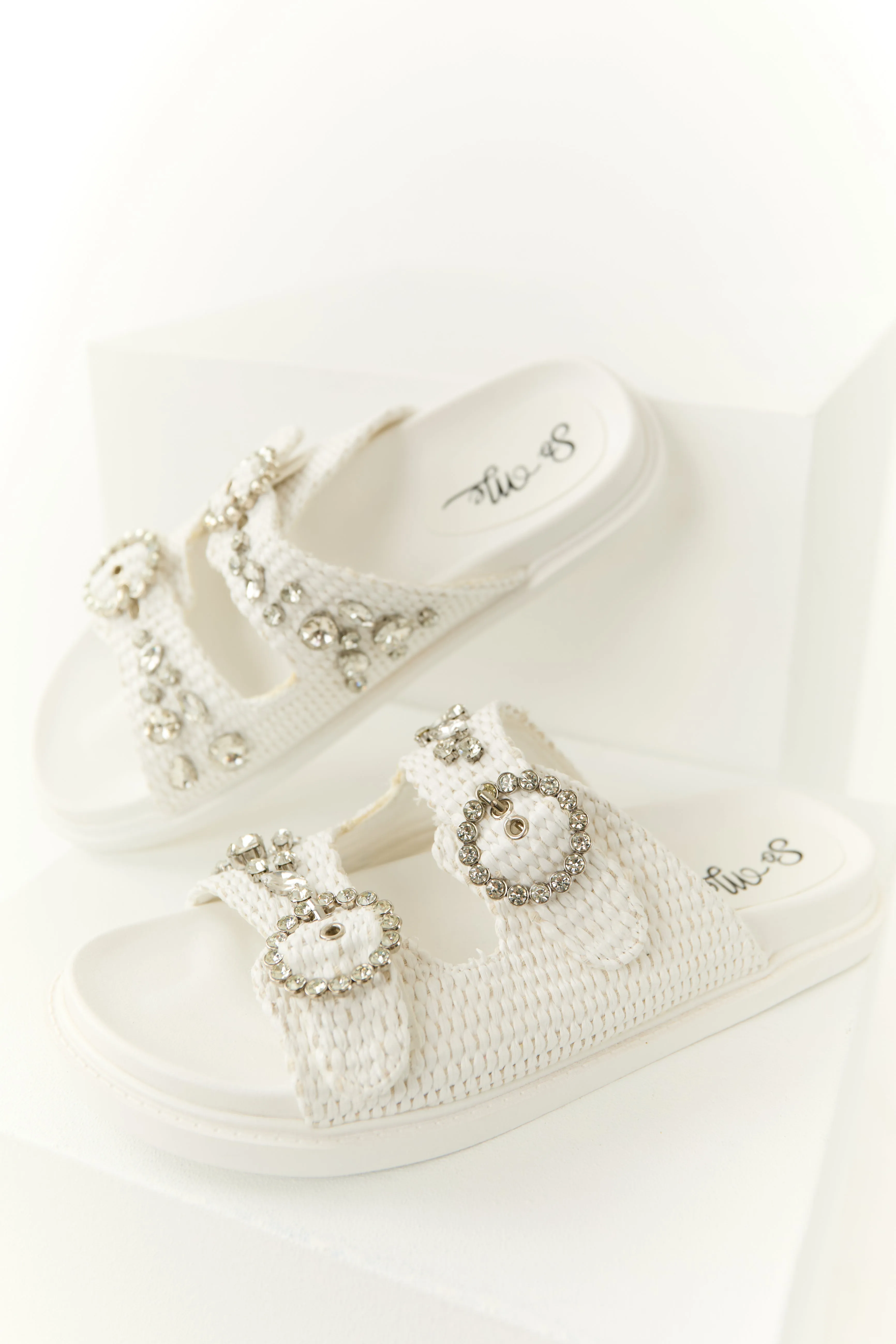 Off White Rhinestone Woven Strap Sandals sold by Lime Lush