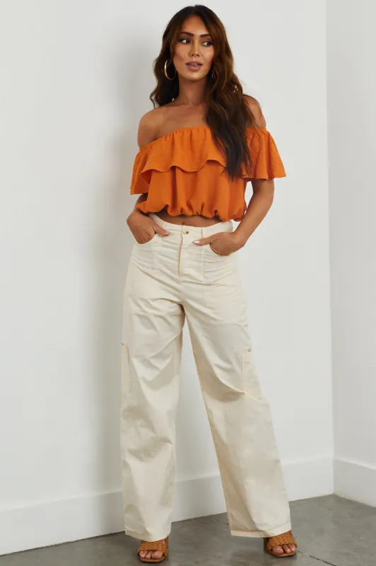 Champagne High Rise Wide Leg Cargo Pants sold by Lime Lush