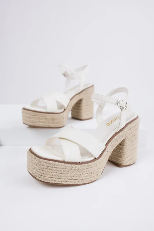 Ivory Cross Strap Espadrille Platform Block Heels sold by Lime Lush